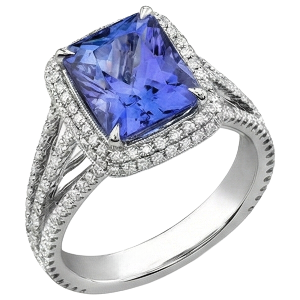 Prong Set Tanzanite And Natural Earth Mined Diamonds 4.78 Carats Wedding Ring Gold White