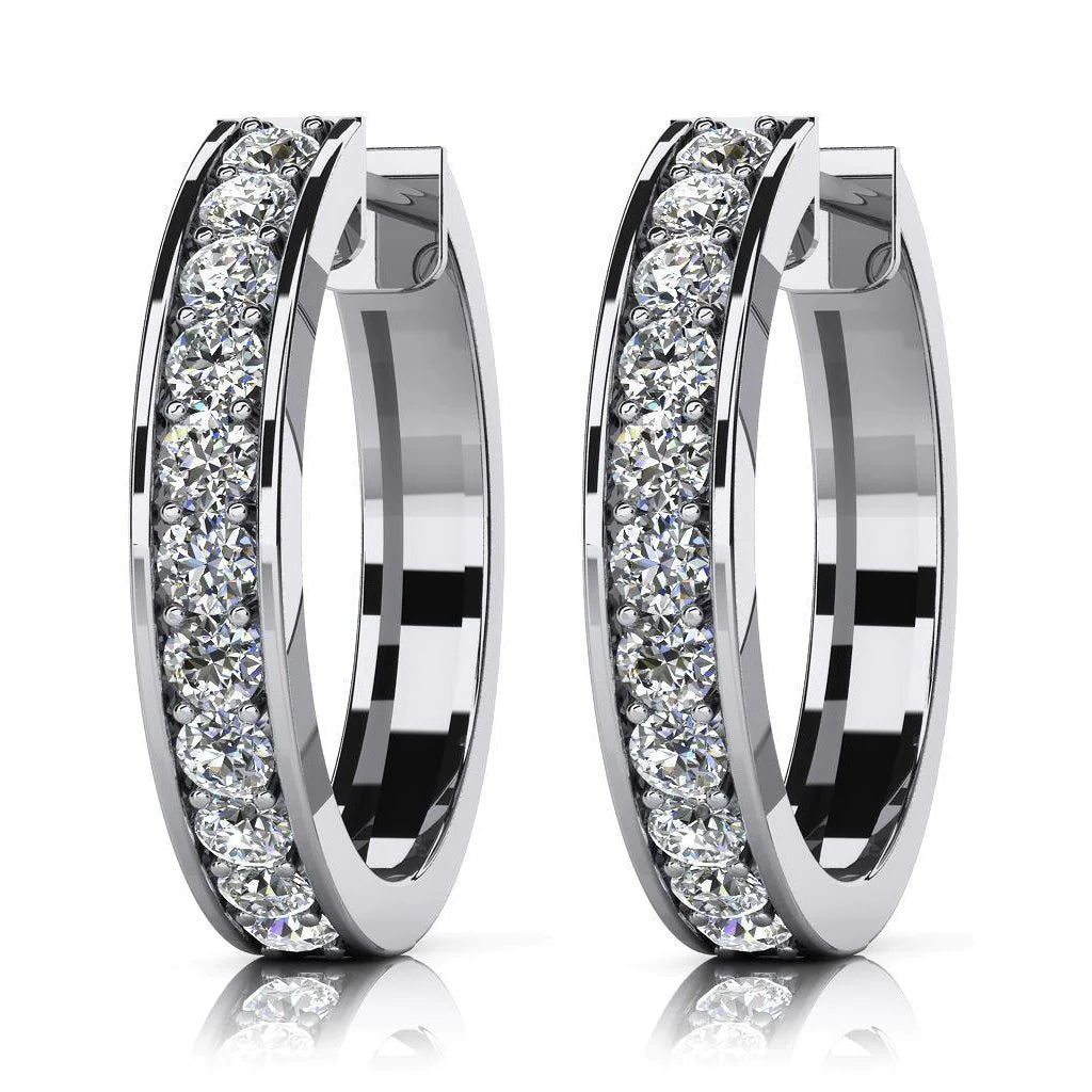 Prong Set White Gold Lined Hoop Real Diamonds Earrings 2.20 Ct Round Cut