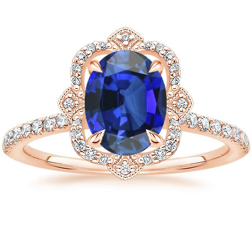 Antique Style Halo IGI CERTIFIED Diamond Ring Flower Style Blue Sapphire 6.20 Carats