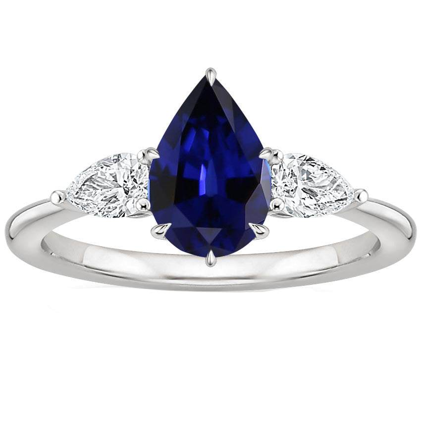 Three Stone Gold Pear Cut Ceylon Color Sapphire & IGI CERTIFIED Diamond Ring 6.75 Carats