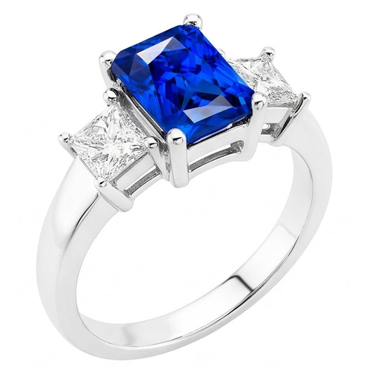 Radiant 3 Stone Blue Sapphire Ring & Princess Natural Earth Mined Diamonds 3 Carats