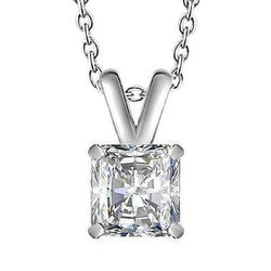 Radiant Cut 3 Carat Solitaire Genuine Diamond Pendant Necklace Gold White