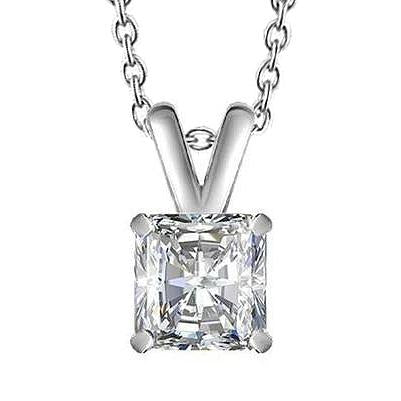 Radiant Cut 3 Carat Solitaire Genuine Diamond Pendant Necklace Gold White
