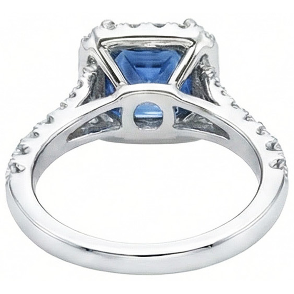 Radiant Cut Ceylon Sapphire & Round Natural Earth Mined DIAMOND ( NOT LAB GROWN ) Ring 3 Ct. White Gold 14K
