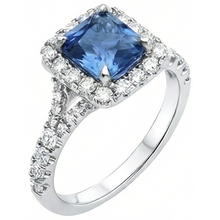 Radiant Cut Ceylon Sapphire & Round Natural Earth Mined DIAMOND ( NOT LAB GROWN ) Ring 3 Ct. White Gold 14K