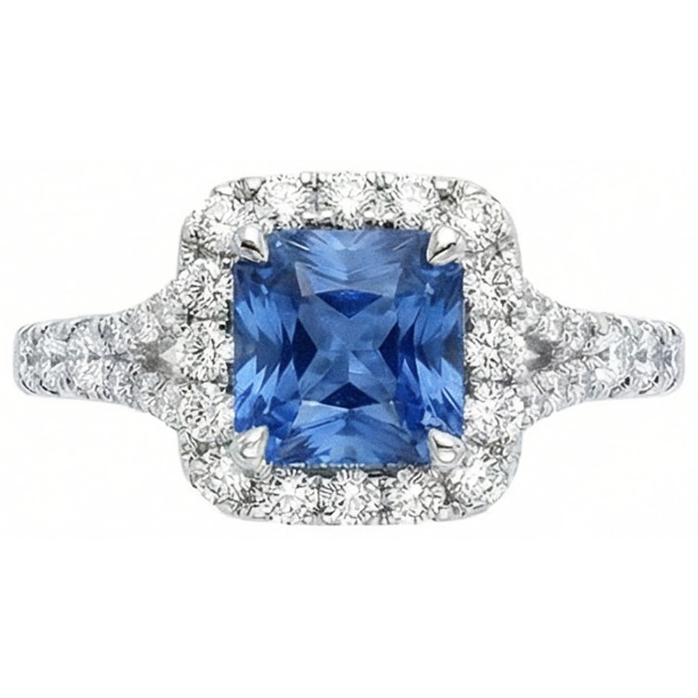 Radiant Cut Ceylon Sapphire & Round Natural Earth Mined DIAMOND ( NOT LAB GROWN ) Ring 3 Ct. White Gold 14K