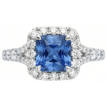 Radiant Cut Ceylon Sapphire & Round Natural Earth Mined DIAMOND ( NOT LAB GROWN ) Ring 3 Ct. White Gold 14K