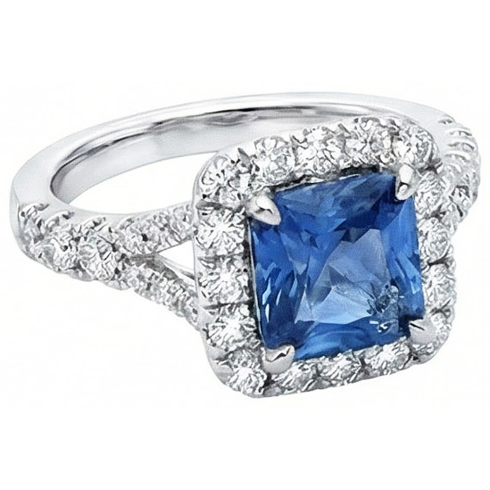 Radiant Cut Ceylon Sapphire & Round Natural Earth Mined DIAMOND ( NOT LAB GROWN ) Ring 3 Ct. White Gold 14K
