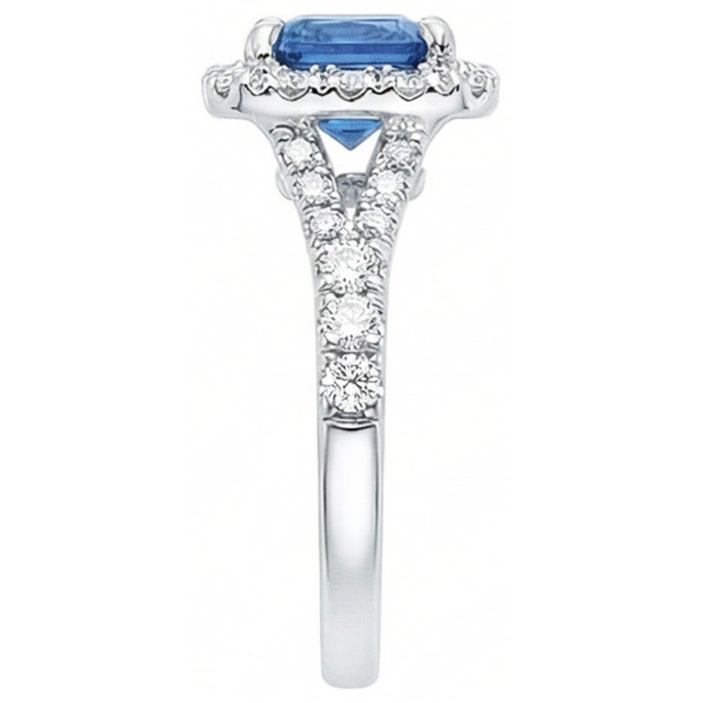 Radiant Cut Ceylon Sapphire & Round Natural Earth Mined DIAMOND ( NOT LAB GROWN ) Ring 3 Ct. White Gold 14K
