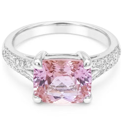 Radiant Cut Kunzite With Round Natural Earth Mined Diamonds 17.90 Carats Ring 14K Gold