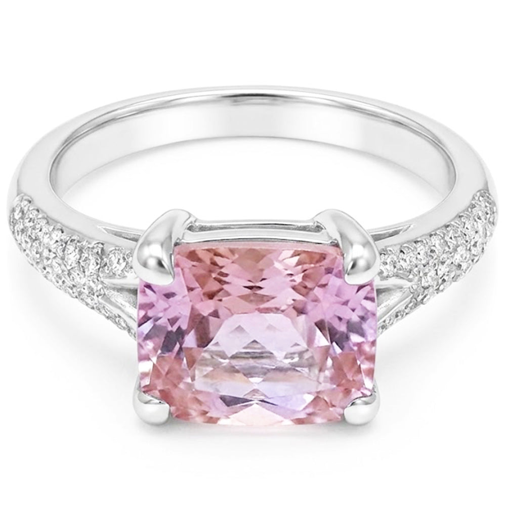 Radiant Cut Kunzite With Round Natural Earth Mined Diamonds 17.90 Carats Ring 14K Gold