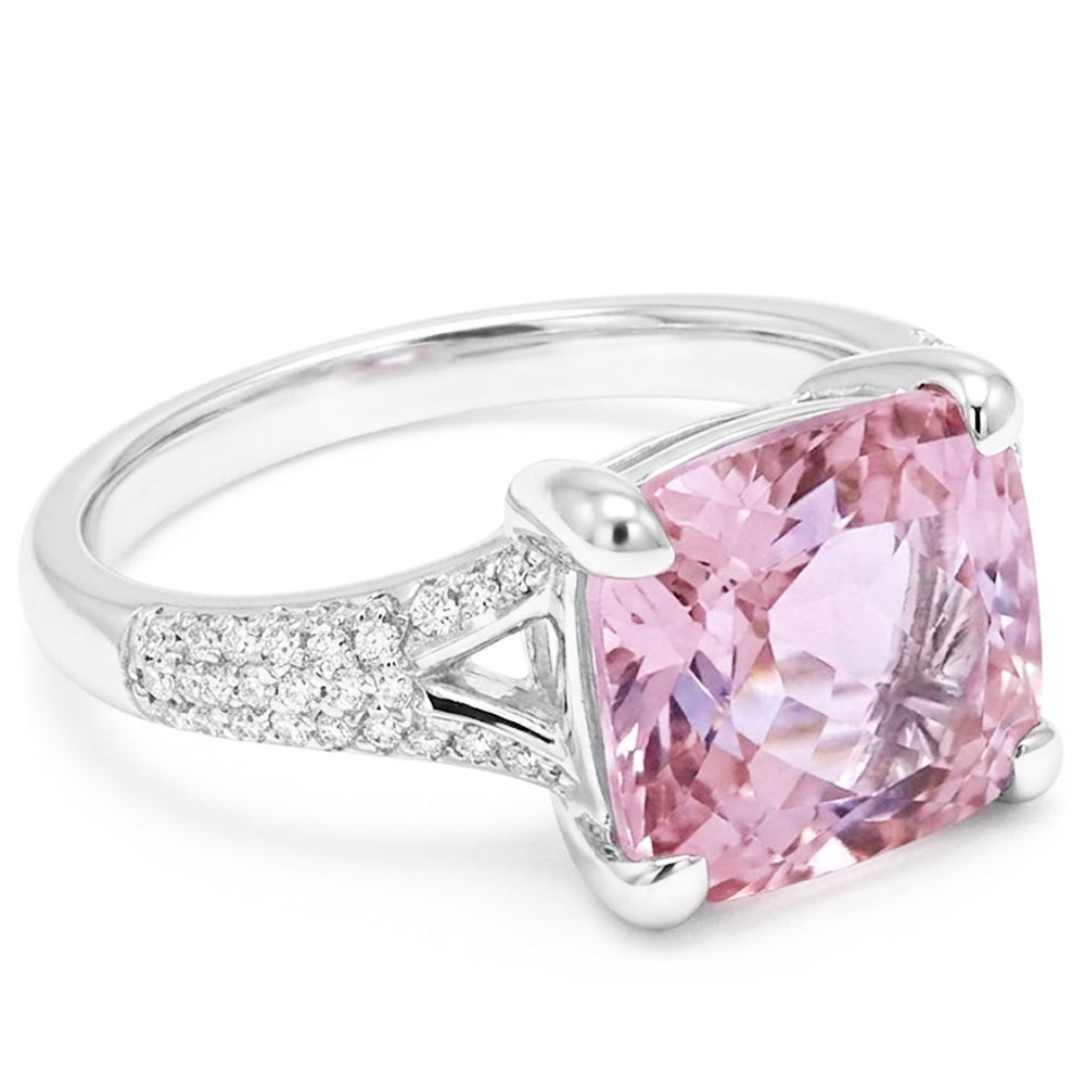 Radiant Cut Kunzite With Round Natural Earth Mined Diamonds 17.90 Carats Ring 14K Gold