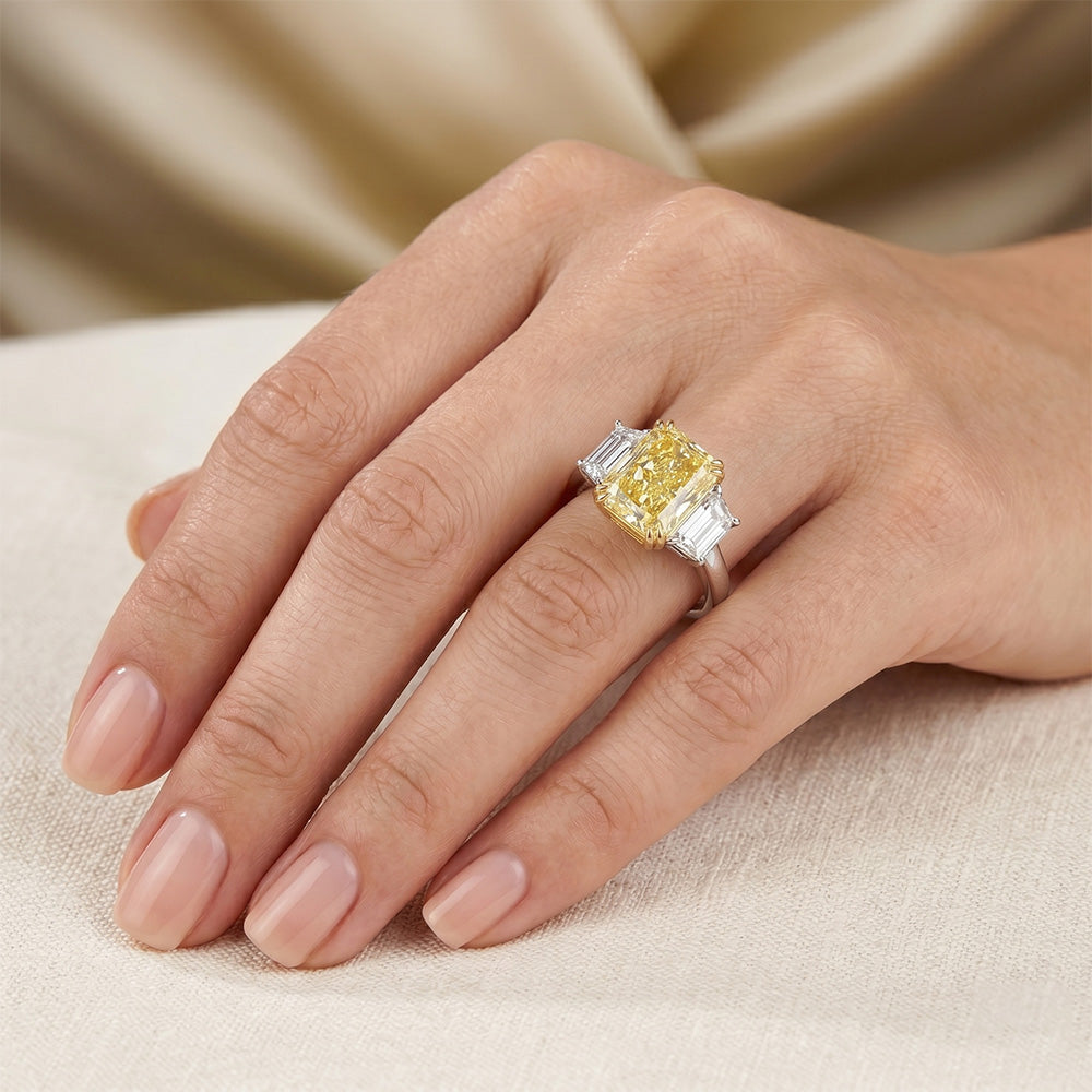 Radiant Cut Yellow Canary Diamond Three Stone Ring in 14K Two