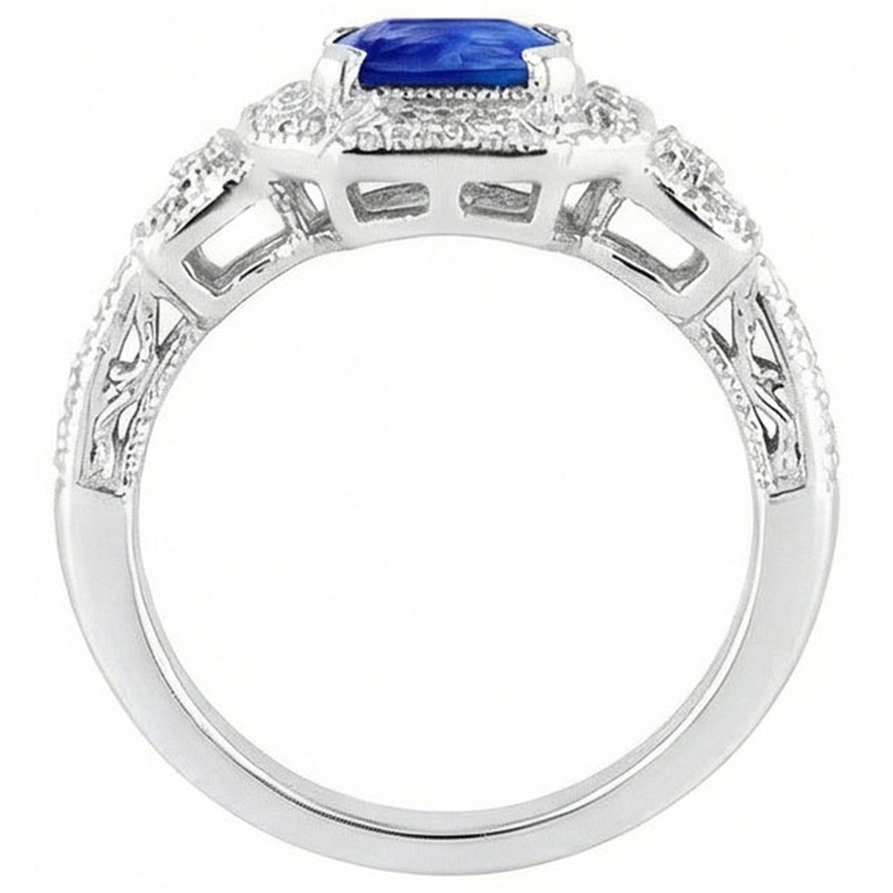Radiant Halo Ring Antique Style Blue Sapphire & Natural Earth Mined Diamonds 3 Carats