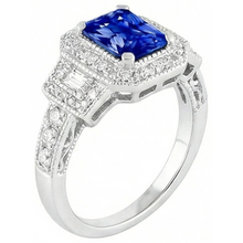 Radiant Halo Ring Antique Style Blue Sapphire & Natural Earth Mined Diamonds 3 Carats