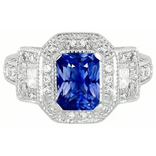 Radiant Halo Ring Antique Style Blue Sapphire & Natural Earth Mined Diamonds 3 Carats