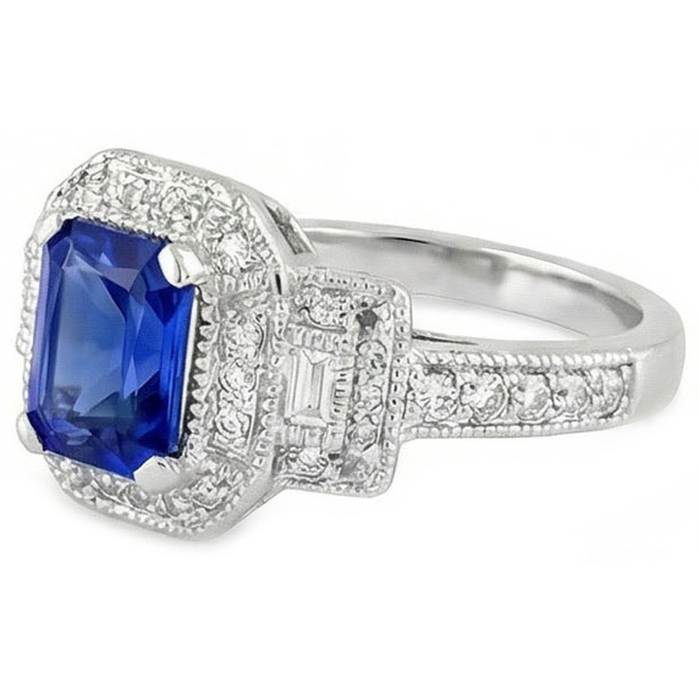 Radiant Halo Ring Antique Style Blue Sapphire & Natural Earth Mined Diamonds 3 Carats