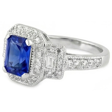 Radiant Halo Ring Antique Style Blue Sapphire & Natural Earth Mined Diamonds 3 Carats