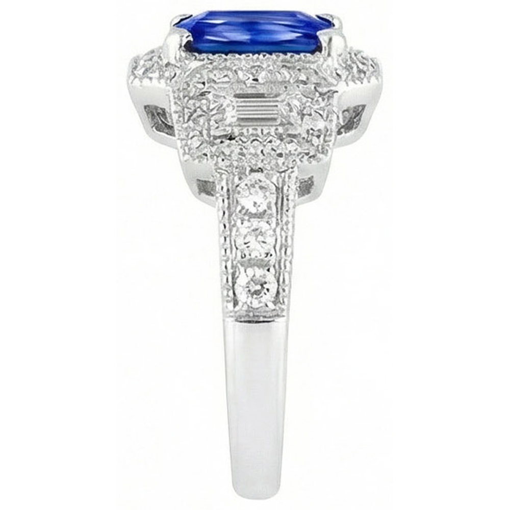 Radiant Halo Ring Antique Style Blue Sapphire & Natural Earth Mined Diamonds 3 Carats