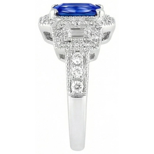 Radiant Halo Ring Antique Style Blue Sapphire & Natural Earth Mined Diamonds 3 Carats