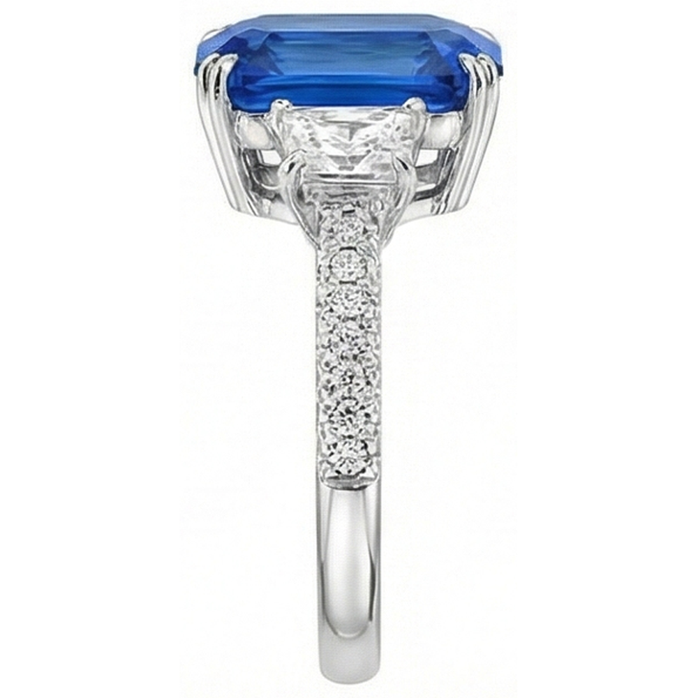 Radiant Natural Earth Mined Diamond Ceylon Sapphire Ring 7.50 Carats 3 Stone Prong Style