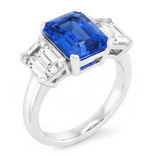 Radiant Natural Earth Mined Diamond Jewellery 3 Carats Three Stone Blue Sapphire Ring