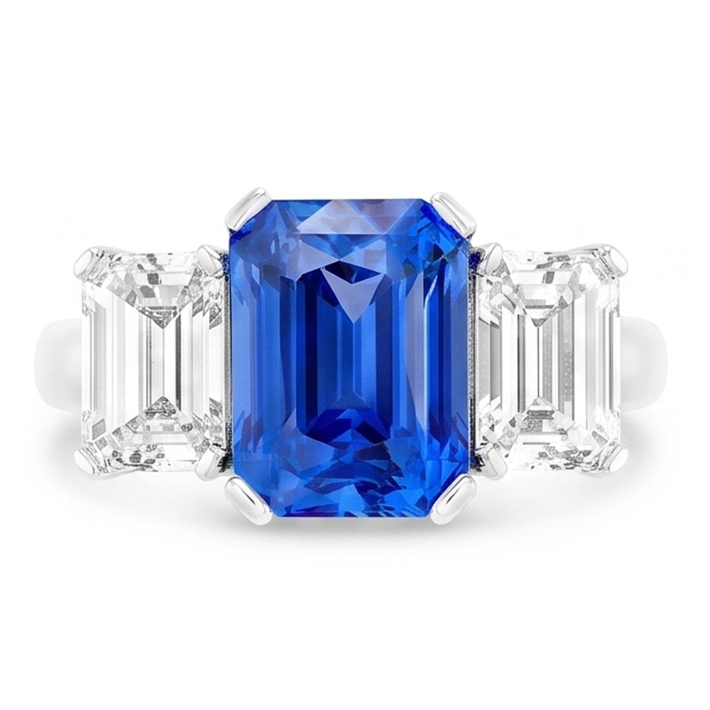 Radiant Natural Earth Mined Diamond Jewellery 3 Carats Three Stone Blue Sapphire Ring