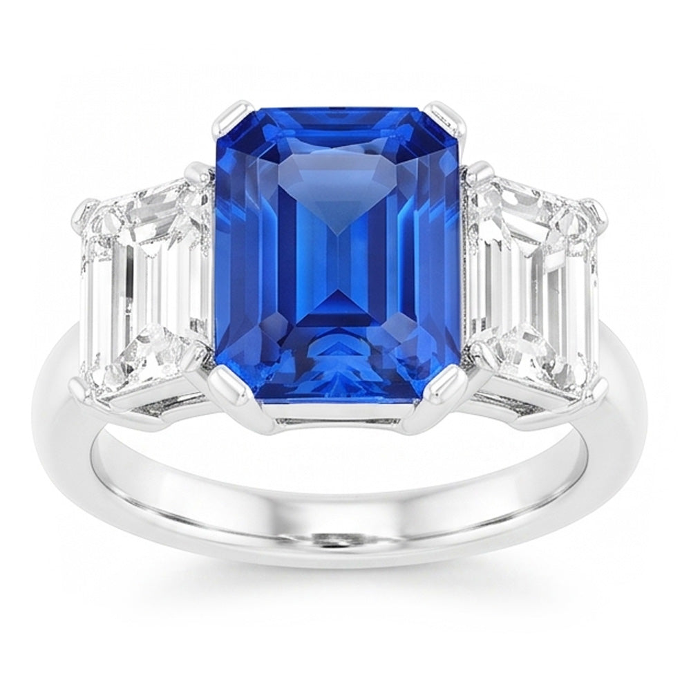 Radiant Natural Earth Mined Diamond Jewellery 3 Carats Three Stone Blue Sapphire Ring
