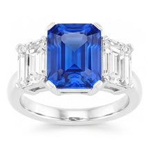 Radiant Natural Earth Mined Diamond Jewellery 3 Carats Three Stone Blue Sapphire Ring