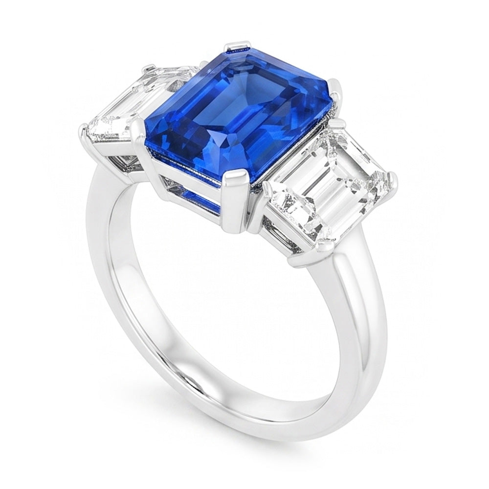 Radiant Natural Earth Mined Diamond Jewellery 3 Carats Three Stone Blue Sapphire Ring