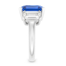 Radiant Natural Earth Mined Diamond Jewellery 3 Carats Three Stone Blue Sapphire Ring