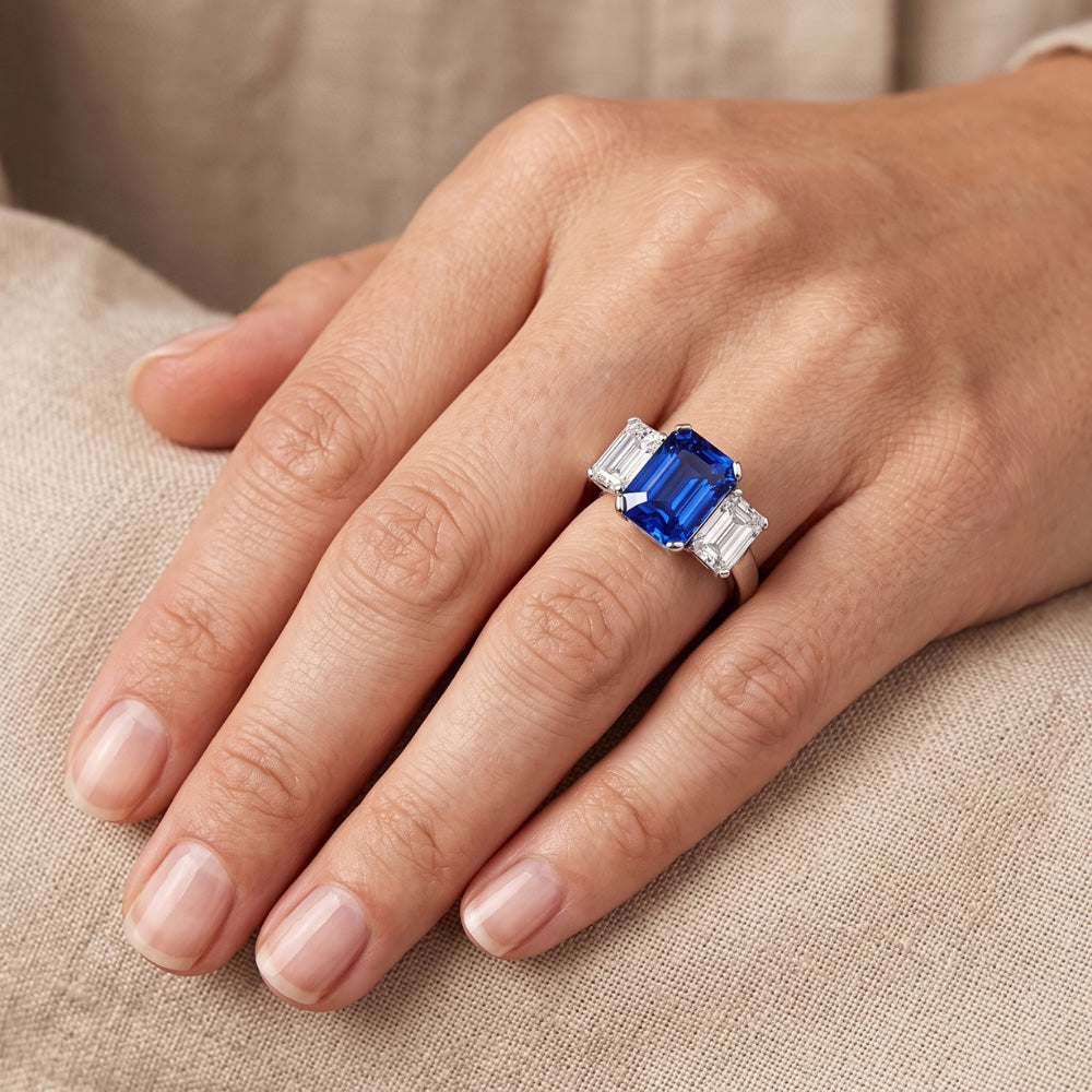 Radiant Natural Earth Mined Diamond Jewellery 3 Carats Three Stone Blue Sapphire Ring
