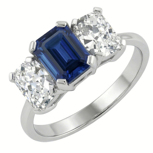 Radiant Natural Earth Mined Diamond Jewellery Emerald Blue Sapphire 3 Stone Ring 3 Carats
