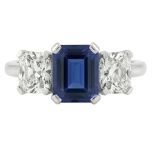 Radiant Natural Earth Mined Diamond Jewellery Emerald Blue Sapphire 3 Stone Ring 3 Carats