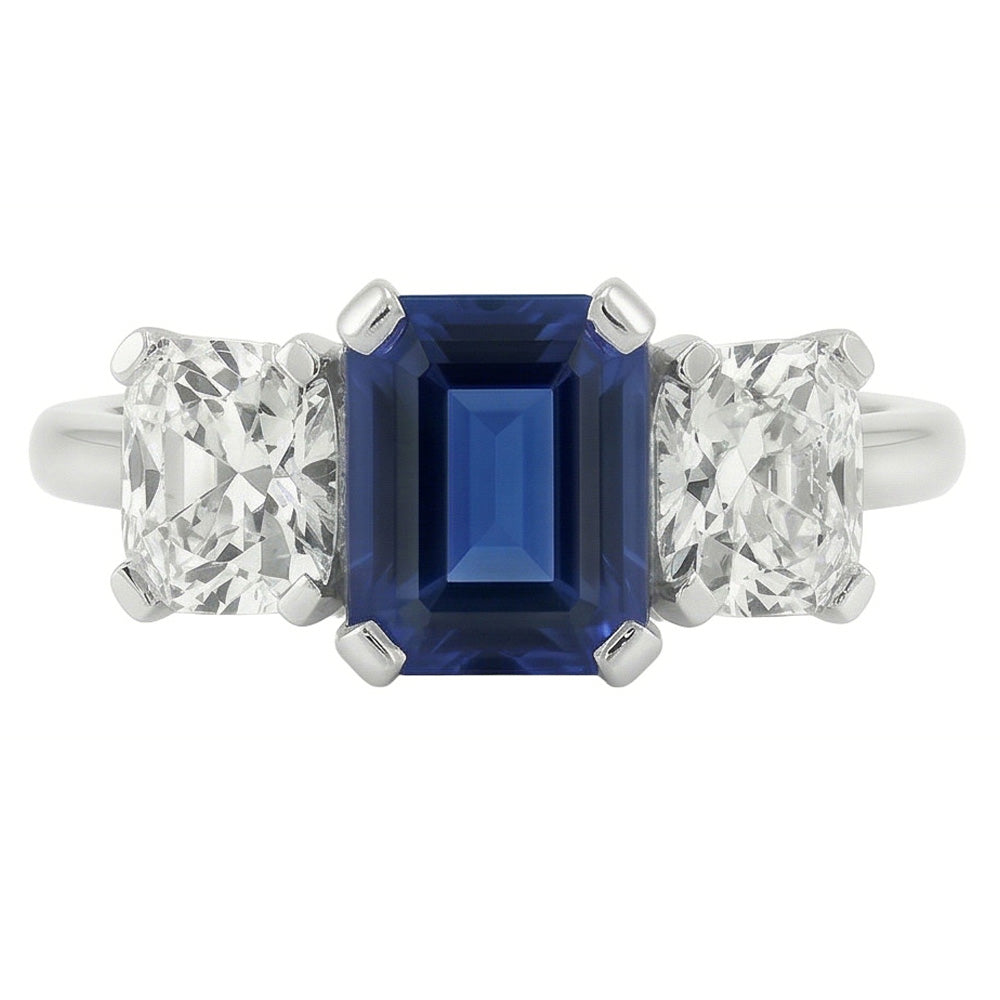 Radiant Natural Earth Mined Diamond Jewellery Emerald Blue Sapphire 3 Stone Ring 3 Carats