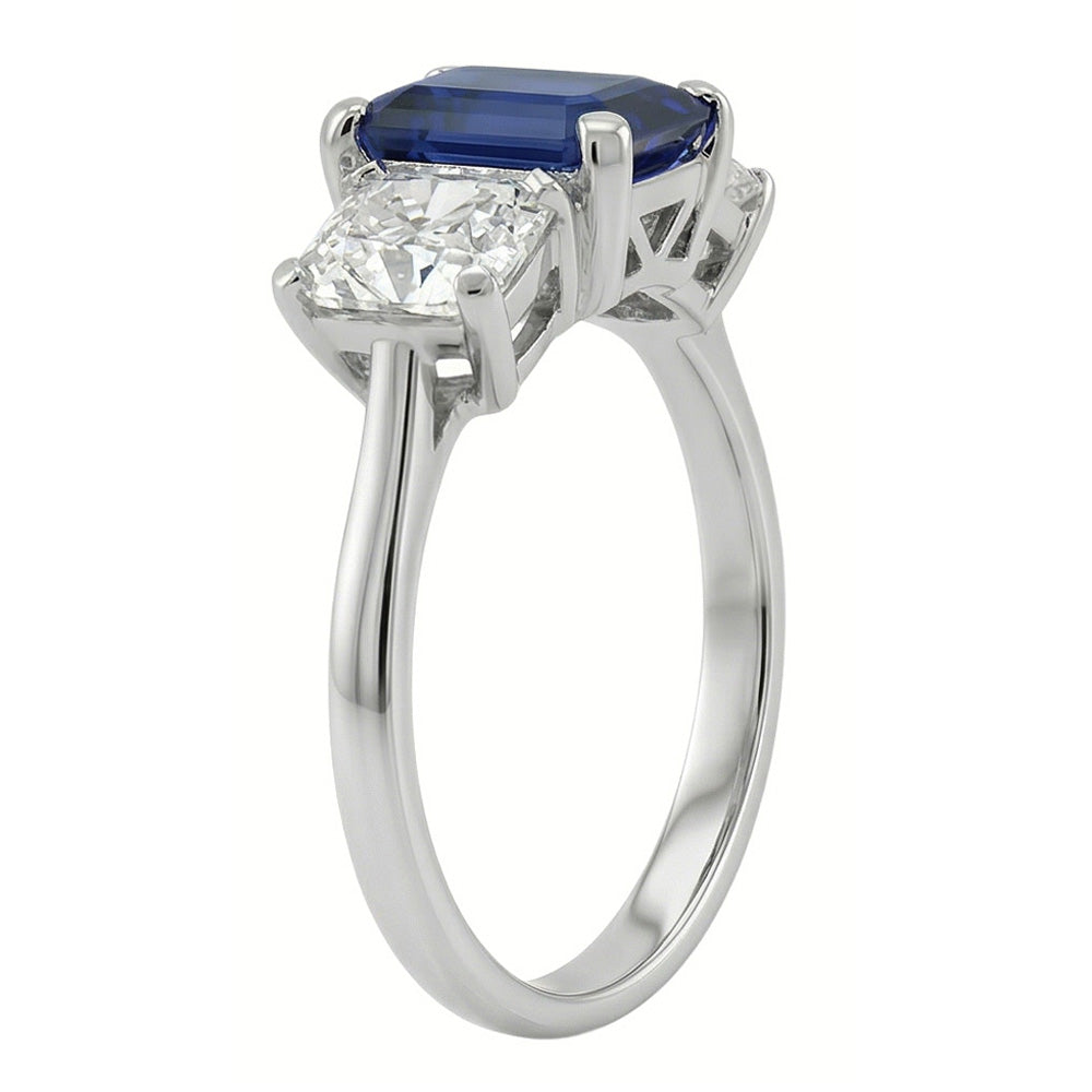 Radiant Natural Earth Mined Diamond Jewellery Emerald Blue Sapphire 3 Stone Ring 3 Carats