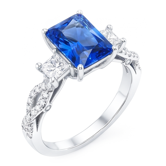 Radiant Sapphire Gemstone Ring 3 Stone Twisted Style 3.50 Carats