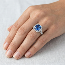 Radiant Cut Ceylon Sapphire & Round Natural Earth Mined DIAMOND ( NOT LAB GROWN ) Ring 3 Ct. White Gold 14K