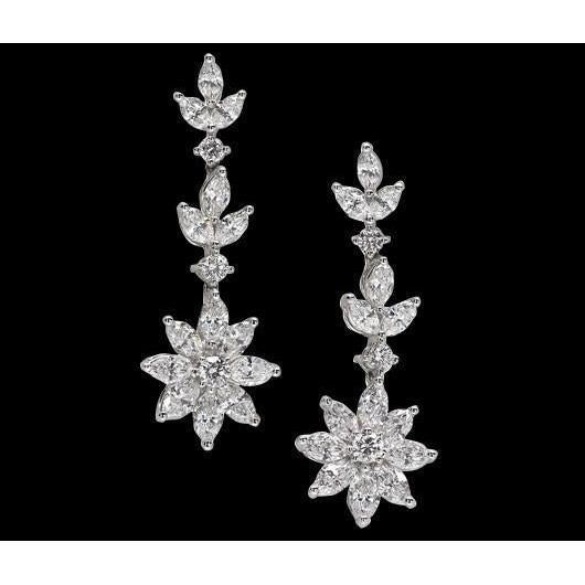 Real 5 Carat Diamonds Long Chandelier Floral Style Diamond Earrings