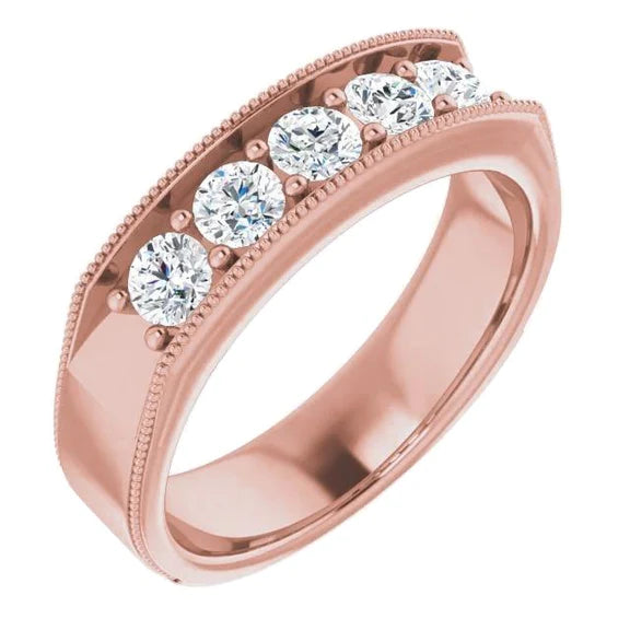 Real Diamond Comfort Fit Wedding Band 1 Ct Five Stone Milgrain Rose Gold Jewelry