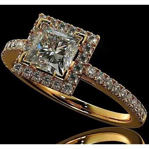 Real Diamond Engagement Ring 3.50 Carats Halo Princess Cut 14K Yellow Gold