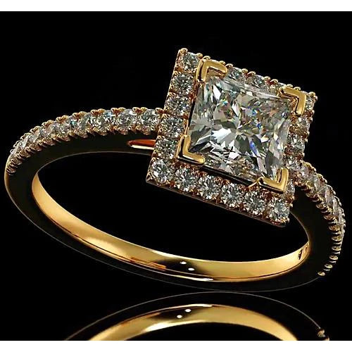 Real Diamond Engagement Ring 3.50 Carats Halo Princess Cut 14K Yellow Gold