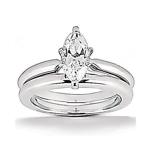 Real Diamond Engagement Solitaire Ring Band Set 1.25 Carat Marquise WG 14K