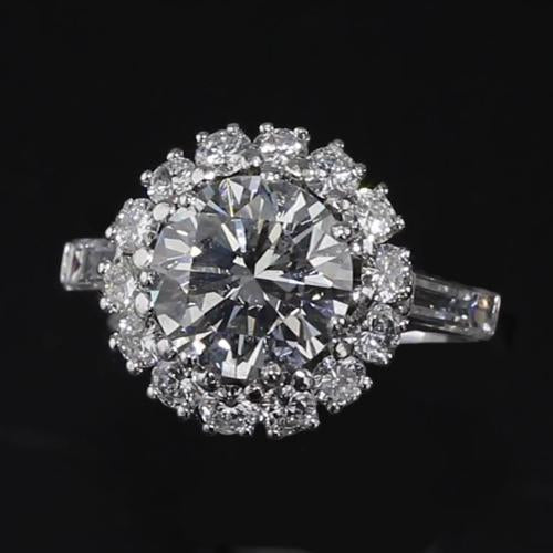 Real Diamond Halo Engagement Ring 3 Carats Baguettes and Round Diamonds White Gold 14K