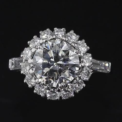 Real Diamond Halo Engagement Ring 3 Carats Baguettes and Round Diamonds White Gold 14K