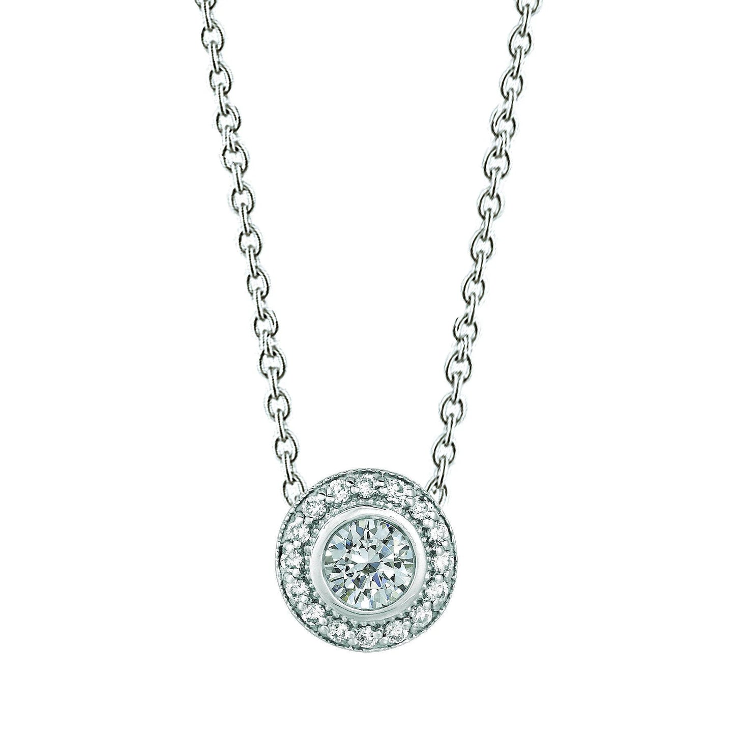 Real Diamond Halo Necklace Milgrain Pendant 0.75 Carats 14K White Gold