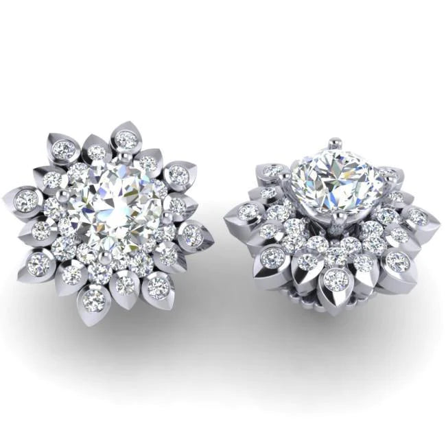 Real Diamond Halo Stud Earrings 3.30 Carats Flower Style White Gold 14K