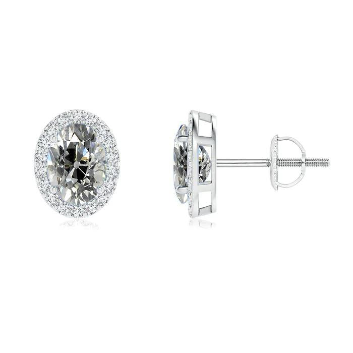 Natural Earth Mined Diamond Halo Studs Oval Old European 6 Carats Screw Backs White Gold
