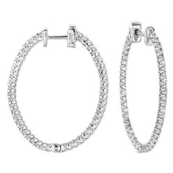 Real Diamond Oval Shape Hoop Earrings Pair 2 Carat White Gold 14K