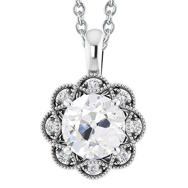 Real Diamond Pendant Flower Style Old Mine Cut 4 Carats Slide With Chain